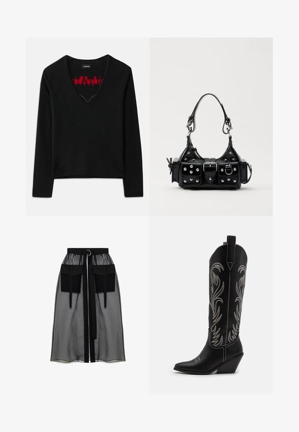 Černý dlouhý rukáv top s výstřihem do V, s kontrastním červeným pleteným vzorem uvnitř. Hladká textura, minimalistický design a standardní střih.; Černá průhledná sukně s nařaseným pasem, která má dvě velké přední kapsy, páskový uzávěr a kulatý kovový akcent.; Černé kožené kovbojské boty s špičatými špičkami, podpatky ve tvaru klínu a stříbrně vyšívanými květinovými vzory po celé délce. Kontrastní prošívání po celém obvodu.; Černá kožená kabelka s křivkovým designem, zdobená stříbrnými hřebíky, s přezkou a dvěma bočními kapsami. Nastavitelný popruh pro různé možnosti nošení.