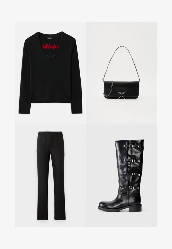 Melna garām piedurknēm augšdaļa ar V-veida kakla izgriezumu, kurai iekšpusē ir kontrastējoša sarkana adījumu raksts. Gluda tekstūra, minimālisma dizains un standarta piegriezums.; Melnas pielāgotas bikses ar taisnu kāju, divām priekšējām kabatām, pogu aizdari un liekumu detaļām priekšpusē. Gluda auduma tekstūra.; Melnas ādas ceļgala augstuma zābaki ar noapaļotu purngalu, ar trim siksnu akcentiem ar metāla sprādzēm un zemu blokveida papēdi. Gluda faktūra.; Melnas ādas rokassomā ar sudraba ķēdes siksnu, kurai ir dekoratīvi spārnu akcenti un baltā šuvēšana apakšējā šuvē.