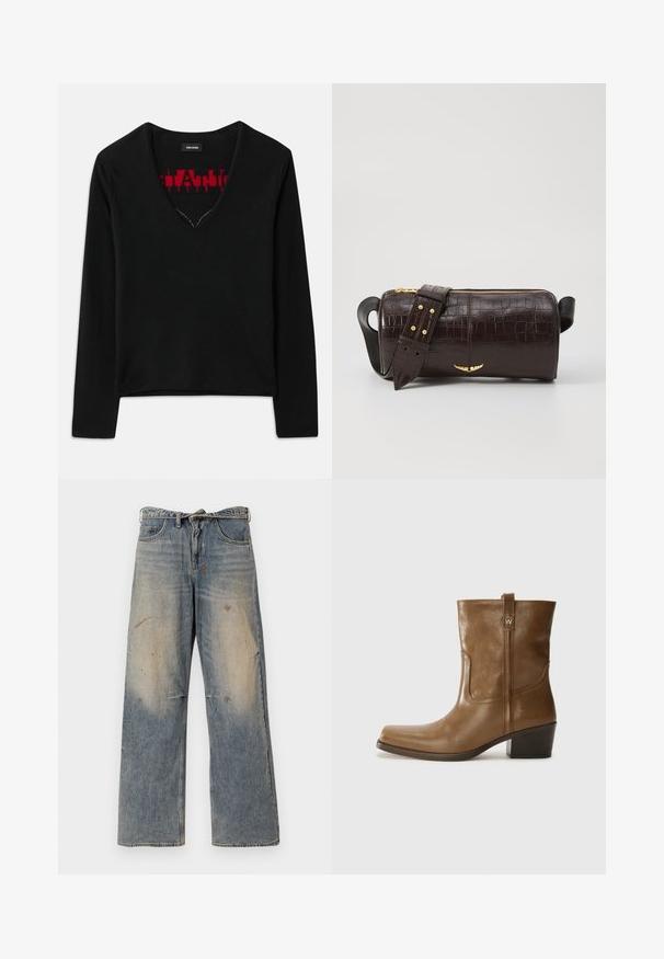 Top negru cu maneci lungi, cu decolteu în V, având un model tricotat roșu contrastant pe interior. Textură netedă, design minimalist și croială standard.; Jeans din denim albastru deschis cu un design lejer și drept pe picioare. Prezintă efecte de uzură, decolorare și detalii uzate în jurul genunchilor. Stil clasic cu cinci buzunare.; Botine din piele maro, cu vârf pătrat, finisaj texturat și toc mic, îngrămădit. Prezentă un tab de tragere la spate și detalii subtile de coasere.; Geantă din piele căptușită cu un model de crocodil de culoare maro, cu o formă cilindrică, accesorii de culoare aurie și un curea detasabilă cu tăieturi.
