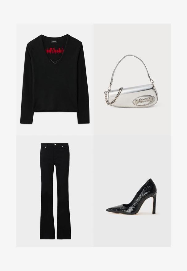 Zwarte lange mouwen top met een V-hals, voorzien van een contrasterend rood breipatroon aan de binnenkant. Gladde textuur, minimalistisch ontwerp en standaard pasvorm.; Zwarte flared jeans van denim, met twee voorzakken, een knoopsluiting en een gladde textuur. Kenmerkende stiksels zichtbaar bij de naden.; Zwarte puntige hoge hak schoen met een krokodillenleren textuur, met een slank ontwerp, hoge stiletto-hak, en een gladde zwarte binnenkant.; Zilverkleurige metalen handtas met een afgeronde driehoekige vorm, voorzien van een logo, een kettingriem en een gladde textuur. Ritssluiting aan de zijkant.