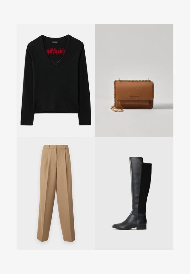 Top lungo a maniche nere con scollatura a V, caratterizzato da un motivo a maglia rossa a contrasto all'interno. Texture morbida, design minimalista e vestibilità standard.; Pantaloni beige su misura con vita alta, fronte plissettato e taglio a gamba larga. Il tessuto appare morbido con una leggera lucentezza.; Stivale in pelle nera al ginocchio con pannello posteriore in tessuto elastico, tacco basso a blocco e piccolo logo metallico del marchio vicino al bordo superiore.; Borsa a tracolla in pelle marrone con texture, dotata di catena dorata e chiusura a pattina. Sul davanti presenta un dettaglio con logo e una tasca sotto la pattina.