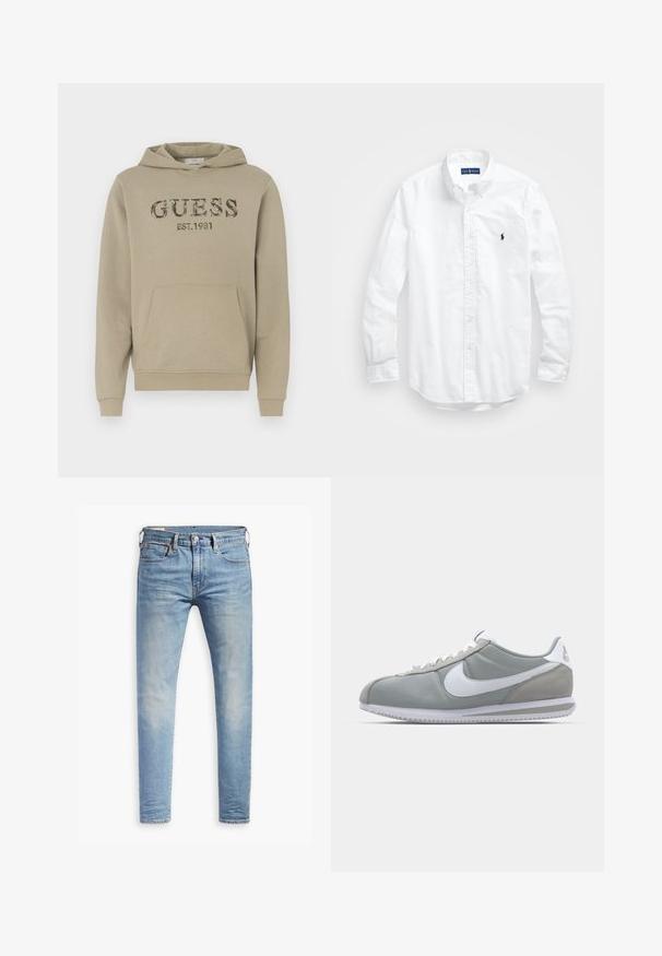 Sudadera beige hecha de una mezcla de algodón, con un bolsillo frontal tipo canguro, puños de canalé y el logo "GUESS EST.1981" en textura de camuflaje.; Camisa blanca de manga larga de algodón con botones. Presenta un cuello clásico, puños con botones y un pequeño logo bordado en azul marino en el pecho.; Jeans ajustados de color azul claro con un ligero desgaste en los muslos, cierre frontal con botón, trabillas para cinturón y estilo de cinco bolsillos sobre un fondo blanco.; Zapatilla deportiva gris con parte superior de ante y textil, swoosh blanco de Nike y cordones blancos. Presenta una suela de goma texturizada y un collar acolchado.