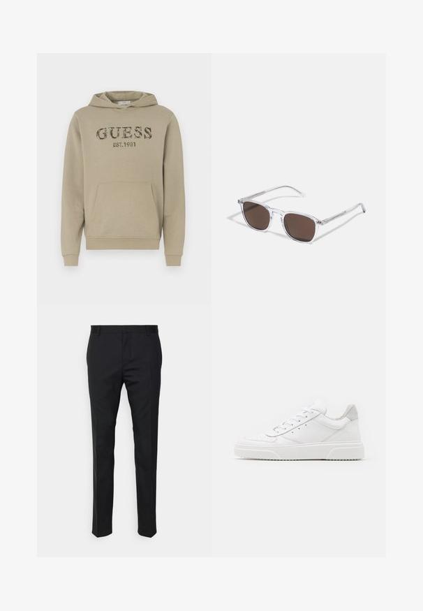 Sweatshirt bege feito de uma mistura de algodão, com um bolso frontal tipo canguru, punhos canelados e o logótipo "GUESS EST.1981" em textura de camuflagem.; Calças pretas sob medida com um corte reto, feitas de um tecido suave. Apresentam passadores de cinto e um detalhe de pregas na parte da frente.; Ténis brancos em pele com acabamento suave, biqueira arredondada, atacadores planos e sola texturizada. Acento em camurça cinza na parte do calcanhar.; Óculos de sol transparentes com lentes retangulares castanhas, apresentando hastes finas e transparentes e detalhes em metal nas laterais.