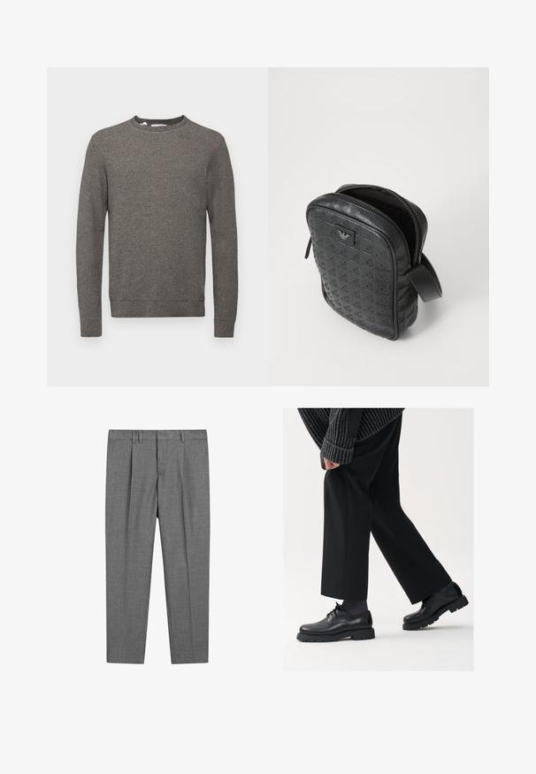 Selected Homme SLHROSS szary; Czarny bawełniany t-shirt z klasycznym okrągłym dekoltem, krótkimi rękawami i luźnym krojem. Gładka faktura, bez wzorów ani ozdób.; Szare dopasowane spodnie z teksturowanym splotem, z płaskim przodem, plisowanymi nogawkami, szlufkami na pasek i standardowym stanem.; Czarne skórzane buty z okrągłym noskiem, sznurowanym zapięciem i grubą, fakturowaną podeszwą. Noszone z dopasowanymi czarnymi spodniami i swetrem z prążkowanej tkaniny.; Czarna, teksturowana skórzana torba o geometrycznym wzorze, prostokątnym kształcie, z górnym zamkiem błyskawicznym i krótkim uchwytem. Posiada naszywkę z logo z przodu.; Zegarek na rękę Timex z srebrną tarczą, czarnymi znacznikami godzin i stalową kopertą. Posiada teksturowany czarny skórzany pasek. Prosty, elegancki design.