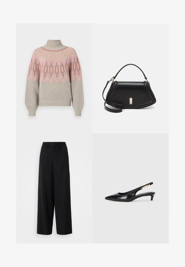 Light gray knitted sweater featuring a high neck and colorful geometric pattern in pink and peach at the yoke, with ribbed hem and cuffs.; Black wide-leg trousers made of smooth fabric, featuring a flat-front design, pleated details, and belt loops at the waistband.; Black leather slingback heels with a pointed toe, featuring a slim heel and a gold-tone accent on the adjustable strap. Smooth texture.; Black leather handbag with a structured design, featuring a cropped shape, top handle, and gold hardware accent. Adjustable shoulder strap included.