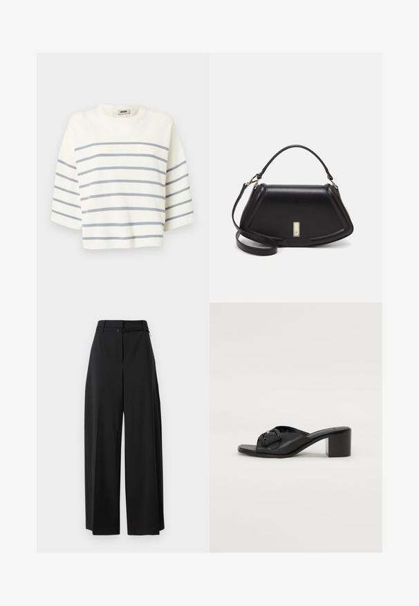White cropped top made of ribbed fabric, featuring horizontal grey stripes and short sleeves. Round neckline with no embellishments.; Black wide-leg trousers with a high waist and a belt. Features a smooth texture and clean lines, designed for a relaxed fit.; BOSS CHARLIZE - Heeled mules - black; Black leather handbag with a structured design, featuring a cropped shape, top handle, and gold hardware accent. Adjustable shoulder strap included.