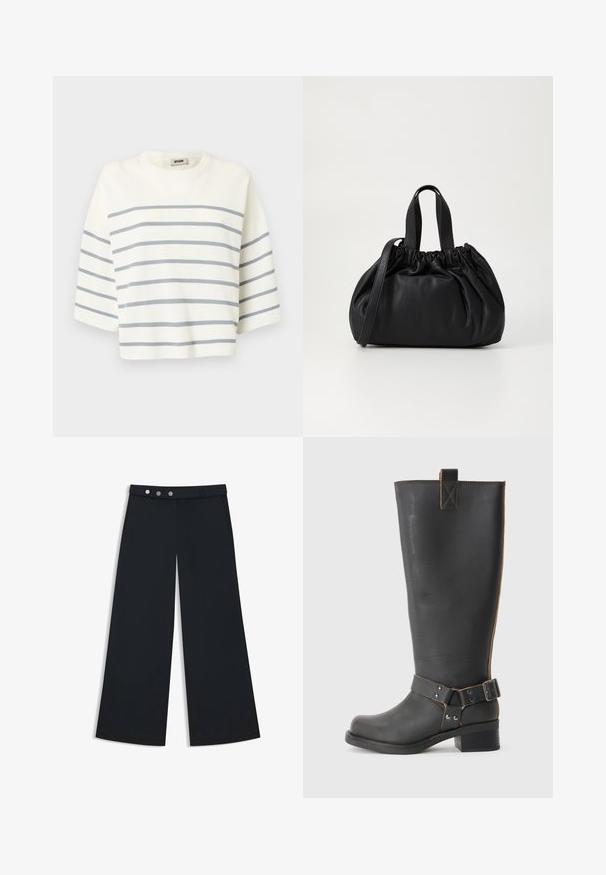 Witte crop top van ribbelstof, voorzien van horizontale grijze strepen en korte mouwen. Ronde halslijn zonder versieringen.; Zwarte wijde broek met een gladde textuur, voorzien van een platte tailleband, een dubbele knopen sluiting en zijzakken.; Zwarte leren knie- hoog laars met een gestructureerde afwerking, voorzien van een zijgesp accent en een lage hak. Gedetailleerde stiksels langs de naden.; Zwarte leren handtas met een geplooid ontwerp aan de bovenkant, voorzien van twee korte handvatten en een lange verstelbare schouderband. Gladde textuur, ronde vorm.