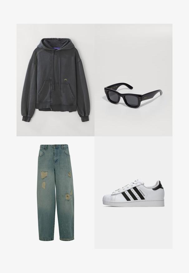 Felpa con cappuccio grigio scuro in misto cotone, con tasca frontale, cordini, polsini a costine e dettagli di cucitura gialla a contrasto.; Jeans in denim azzurro chiaro con una vestibilità rilassata, caratterizzati da diversi punti strappati e bordi sfrangiati. Design classico a cinque tasche.; Sneaker Adidas Superstar bianca con strisce nere, punta a conchiglia e testo "Superstar" sul lato, mostrata in profilo sinistro su sfondo bianco.; Occhiali da sole neri con finitura lucida, montatura rettangolare, lenti scure e accenti del logo dorati sulle tempie. Due punti dorati su ciascun angolo anteriore.