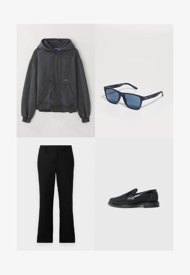 Czarny szary hoodie wykonany z mieszanki bawełny, z kieszenią z przodu, sznurkami do regulacji, ściągaczami na rękawach i kontrastującymi żółtymi szwami.; Czarne spodnie z szerokimi nogawkami wykonane z mieszanki bawełny, z zapięciem na guzik, szlufkami na pasek oraz gładką teksturą bez widocznych wzorów.; Czarny, pleciony but wsuwany z gładkim skórzanym akcentem na cholewce, o okrągłym nosku i niskoprofilowej gumowej podeszwie.; Niebieskie prostokątne okulary przeciwsłoneczne z ciemnymi soczewkami, matowa granatowa oprawka, szczegół z logo na zauszniku, proste ramiona oraz solidna, gładka tekstura.