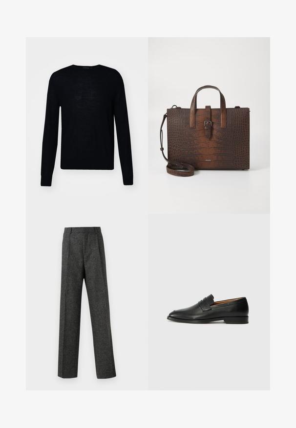 Tiger of Sweden CONNOR - Strickpullover - black; Graue maßgeschneiderte Hose aus strukturiertem Stoff, mit zwei vorderen Falten und geradem Bein. Keine sichtbaren Taschen oder Verzierungen.; Schwarze Leder-Slipper mit runder Zehenform, dezenten gestickten Details und niedrigem Absatz, ausgestattet mit glatter Textur und minimalistischem Design.; Braune Handtasche aus geprägtem Leder mit Ktopfhörern und einem abnehmbaren Schultergurt. Verfügt über einen Schnappverschluss und hat eine rechteckige Form.