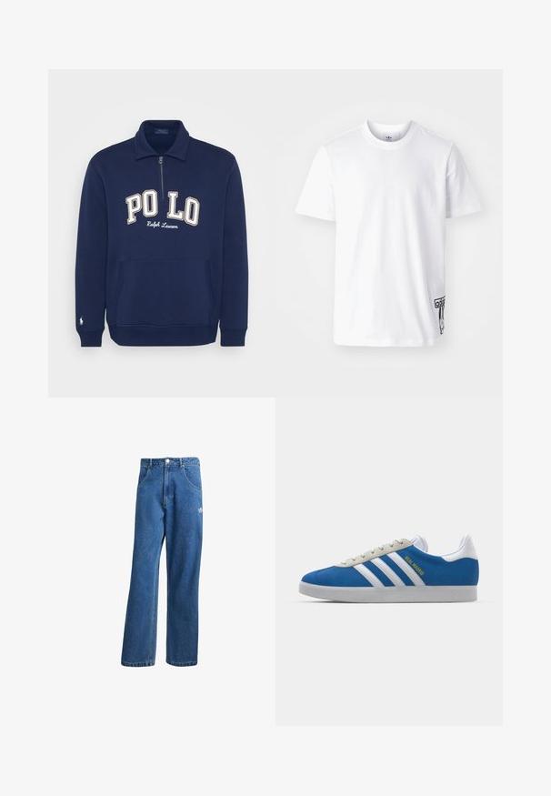 Sweatshirt polo de manga longa azul-marinho com meia-zip, apresentando a inscrição "PO LO" em branco e bege, e um bolso frontal. Pequeno logótipo na manga.; Camiseta de algodão branca com mangas curtas, decote redondo e um patch do logo preto da Adidas no lado inferior esquerdo. Textura suave.; Calças de ganga azul com cintura alta e perna larga, com bolsos frontais, passadores de cinto, fecho de botão e pequeno logótipo da Adidas na coxa direita.; adidas Originals ADIDAS GAZELLE SHOES - Botas de futebol de salão - real madrid/bluebird/footwear white/crew yellow