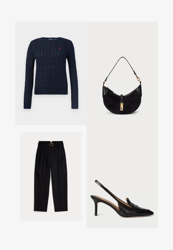 Navy blue cable knit sweater with long sleeves, crew neck, ribbed cuffs and hem, and a small red embroidered logo on the chest.; Black, high-waisted trousers with a belted waist, pleated front, and wide-leg design. Made of smooth fabric with a classic cut.; Black leather slingback pump with a pointed toe, low heel, and decorative strap across the instep. Smooth texture and minimalist design.; Black handbag with a curved shape, made of suede and leather, featuring a gold-tone zipper and a logo detail. Includes a short handle.