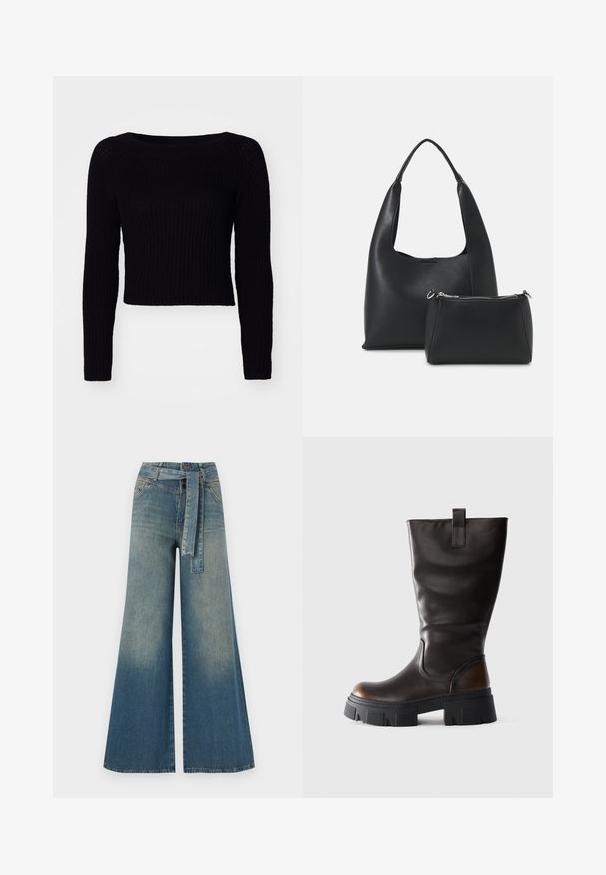 Musthave, mustahedane, pikad varrukad, kootud sall, ribastaoline tekstuur ja lai kaelus; lühike pikkus, millel on õrn õmblusdetail varrukatel.; Laiad denimpüksid, millel on hele tume sinine gradiendiefekt, kõrge vöökoht, vöökumlid ja sobivast kangast vöö. Struktureeritud denimi viimistlus.; Karmine must nahkboot, millel on jäme must platvormkand ja pruun aktsent kontsal, külgvaates heledal hallil taustal.; Even&Odd Käekott - black