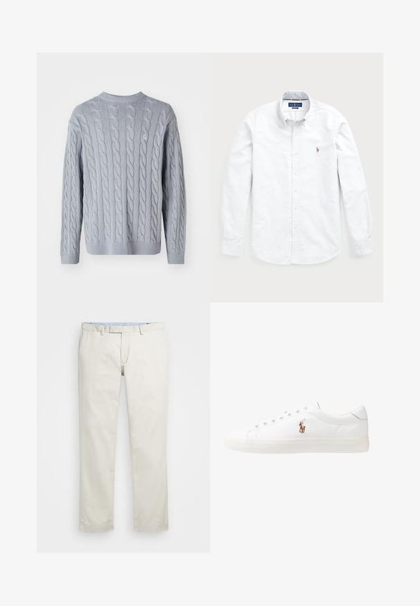 Pulover tricotat de culoare albastru deschis, cu model din tricot în cablu, mâneci lungi și decolteu rotund. Manșetele și tivul ribbrate adaugă textură și structură.; Cămașă albă cu mânecă lungă și nasturi, fabricată din bumbac. Are un guler deschis, închidere cu nasturi și un mic logo brodat pe piept.; Chino din bumbac bej cu față plată, bucle pentru curea și buzunare laterale. Design cu picioare drepte, textură netedă și o senzație ușoară și respirabilă.; Adidași din piele albă, design de tip low-top, cu o textură netedă, vârf rotund, față șiretată și un mic logo brodat pe lateral.