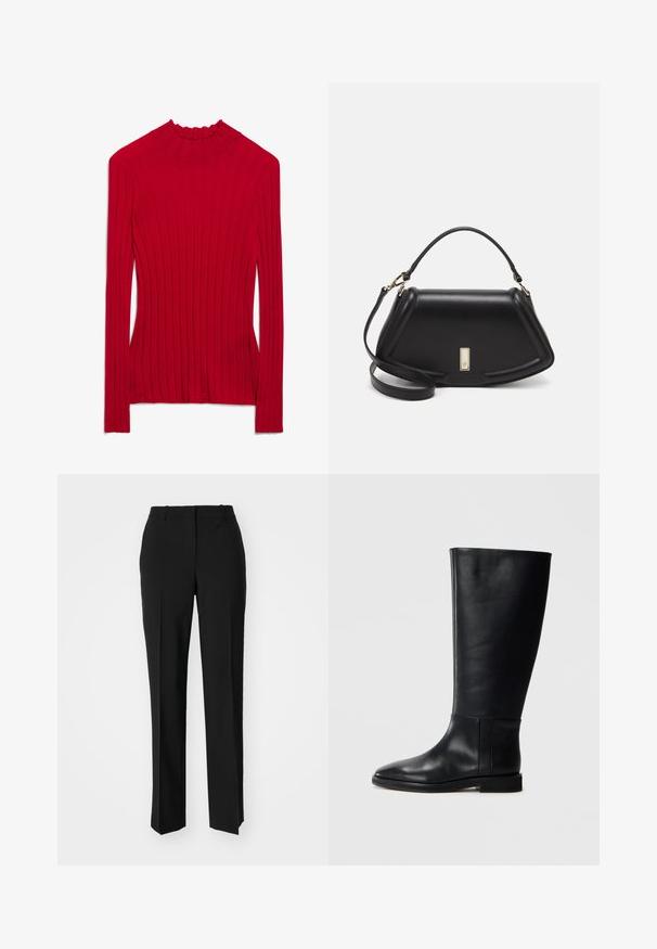 Rotes, geripptes Langarmoberteil mit hohem, Rüschenkragen. Der Stoff hat eine glatte Textur und eine figurbetonte Silhouette mit vertikalen Linien.; Schwarze, taillierte Hose mit geradem Bein, aus einem glatten Stoff und mit klaren Falten an der Vorderseite. Keine sichtbare Hardware.; Schwarze Lederstiefel bis zum Knie mit runder Zehenform, glatter Textur, minimalistischem Design und flacher Sohle. Einfache Nahtdetails am Schaft.; Schwarze Lederhandtasche mit einem strukturierten Design, das eine verkürzte Form, einen oberen Griff und goldfarbene Hardware-Details aufweist. Verstellbarer Schulterriemen ist enthalten.