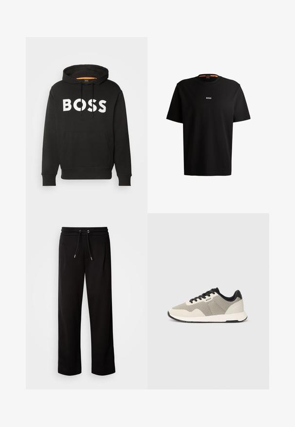 Must-have mustang ülikond, mis on valmistatud puuvilla segust, esitades ees suurt valget "BOSS" logo ja tasku lehvil.; Must musta T-särk ümmarguse kaelusega, lühikeste varrukatega ja valge "BOSS" logoga, mis on keskendatud rinnale. Sile tekstuur, võimaldab mugavat istuvust.; Musthave musta vabalt langev spordipüksid pehmest kangast, millel on elastne vöökoht ja pael ning küljetaskud.; Sportlikud sneakersid, millel on kergehallist ja mustast võrkkangast ülemine osa, tekstuuriga disain, pehme valge tald ja mustad paelad.