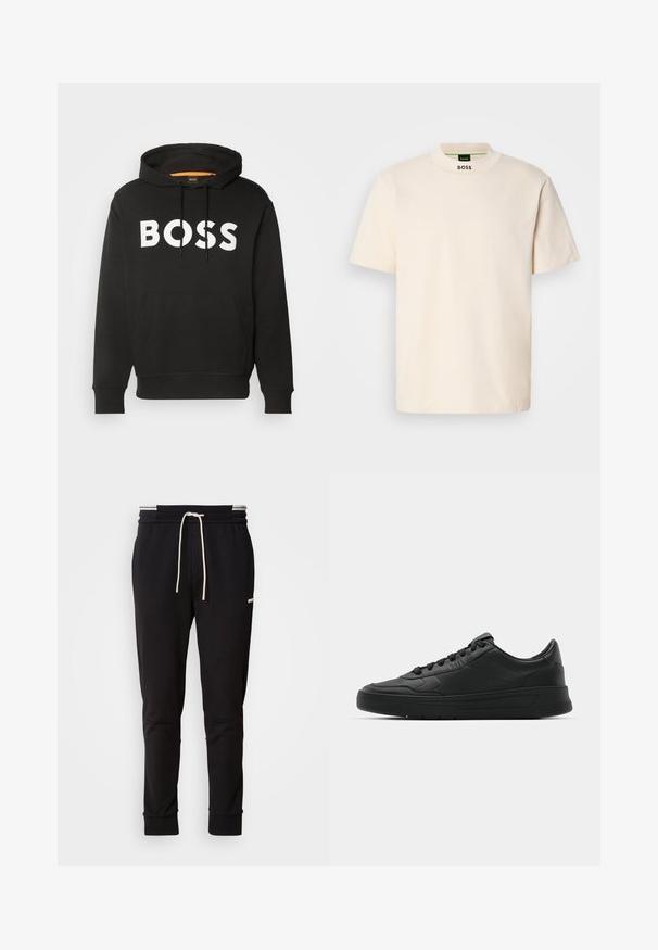Czarna, kapturowa bluza wykonana z mieszanki bawełny, z dużym białym logo "BOSS" na przodzie oraz kieszenią typu kangurka na wysokości talii.; Kremowa koszulka z krótkim rękawem z wysokim kołnierzem, z nadrukiem "BOSS" w kolorze czarnym na przedniej części kołnierza oraz wewnętrznej metce.; Czarne slim-fit joggery z białym sznurkiem, ściągaczami u dołu i dyskretnym logo na górnej części uda na jednolitym tle.; Czarny sneakers z gładkiej skórzanej cholewce, okrągłym nosku, płaskimi sznurówkami, wyściółką kołnierza i minimalistycznym designie. Gumowa podeszwa z delikatnym wzorem bieżnika.