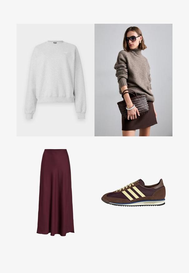 Grå sweatshirt i mjuk bomullsblandning, med rund halsringning, långa ärmar och ribbad nederkant. Liten logotypdetalj framtill.; Vit långärmad skjorta med rund halsringning. Tyget har ett strukturerat mönster med vertikala linjer och ribbade detaljer.; Bordeaux satängmaxikjol med en slät textur, hög midja och en flödande silhuett som vidgar sig försiktigt mot nederdelen.; Bruna och burgundy sneakers i mocka och mesh-material, med tre krämfärgade ränder, textil på tungan och en gummisula.; DRAGON DIFFUSION MINI FLAT GORA - Handväska - dark brown