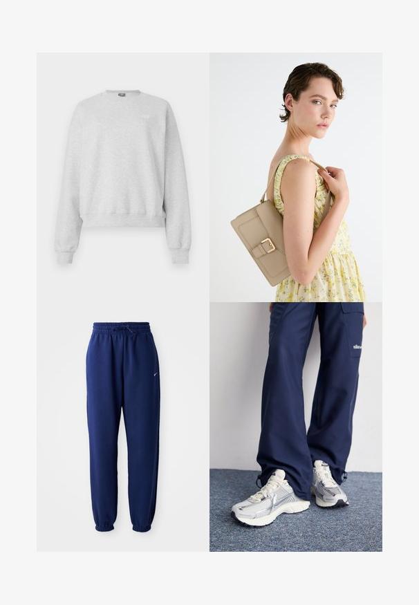 Sweatshirt cinza em mistura de algodão suave, com um decote redondo, mangas compridas e bainha canelada. Pequeno detalhe de logotipo na frente.; Calças de fato de treino azul marinho feitas de um tecido suave, com uma cintura elástica com cordão, punhos elásticos e um pequeno logótipo branco.; Tênis esportivos Nike com parte superior em malha prata, detalhes em branco e solas texturizadas, combinados com calças largas azul-marinho.; Bolsa de mão de couro bege com um design estruturado, detalhe em fivela dourada e alça ajustável, apresentada contra um fundo claro.
