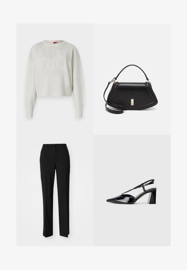 Krémová zkrácená mikina s texturovaným pleteným vzorem, žebrovanými manžetami a lemem, s embosovaným logem "HUGO" uprostřed.; Černé kalhoty na míru se střihem do rovna, které mají hladkou texturu a ostré sklady na přední straně. Bez viditelného kování.; Černé lakované slingback boty na vysokém podpatku s špičatou špičkou, nastavitelným páskem a masivním obdélníkovým podpatkem.; Černá kožená kabelka se strukturovaným designem, jejíž tvar je zkrácený, má horní rukojeť a zlaté kovové detaily. Součástí je i nastavitelný ramenní popruh.