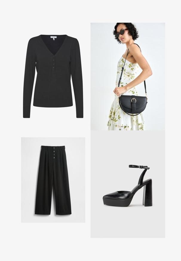 Must põhja V-kaelusega must pikad varrukad kampsun, mis on valmistatud peenest kudumaterjalist. Sisaldab viie nööbiga paela ning soonikuga mansetid ja äär.; Laiad mustad püksid, mis on valmistatud tekstuuriga kangast. Omab kõrget vööd, viie nööbiga esist fasteningut ja pressitud voldid lisadetailideks.; Mustad platvormi kontsad terava ninaga ja reguleeritava pahkluuraamiga. Valmistatud siledast nahast, funktsioneerib massiivse plokknäheeliga.; Mustmust mustraha kõverate joontega, eemaldatava rihmaga ja kuldsete detailidega. Kotil on klapp, millel on pandladetail.