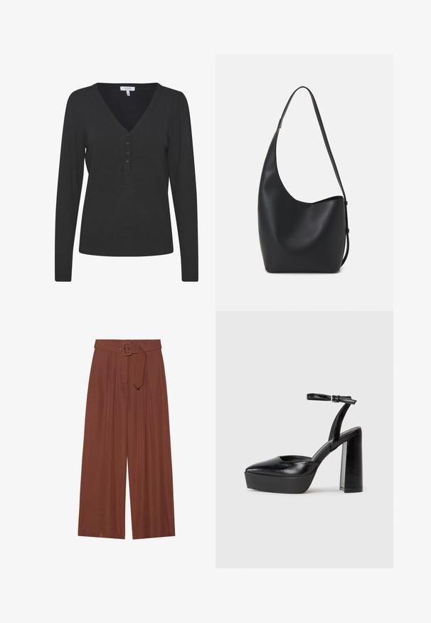 Melnā garā piedurkņu V-veida kakla džemperis, izgatavots no smalkas adīšanas materiāla. Tam ir piecu pogu plāksne un ribota piedurkņu un apakšmalas apdare.; Platas kājas bikses brūnā audumā, ar jostu ar kvadrāta sprādzi, plišu dizainu un gludu tekstūru.; Melnas platformas papēžs ar norādītu purngala formu un regulējamu potītes siksniņu. Izgatavotas no gludas ādas, ar masīvu bloku papēdi.; Melnas ādas hobo soma ar gludu tekstūru, izliekta forma un vienu regulējamu jostu; augšā ir plaša atvere.