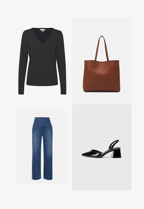 Juoda ilgomis rankovėmis V formos iškirpte megztinis, pagamintas iš minkštos mezgimo medžiagos. Yra penkių mygtukų apykaklė ir gipiūro rankogaliai bei apatinė dalis.; Aukštos liemens džinsai, vidutinio mėlynumo. Yra priekiniai mygtukų akcentai ir plati kojų forma. Audinys turi lygią tekstūrą su lengvu apdailos nusidėvėjimu.; Juodos lakuotos odinės šlepetės su smailiu pirštu ir geometriniu bloko kulnu. Turi elegantišką, minimalistinį dizainą ir lygų paviršių.; Ruda odinė priekabų krepšys su glotnia tekstūra, atviru viršumi ir dviem petnešomis. Su minimalia siuvimo detalėmis ir nematoma aparatūra.