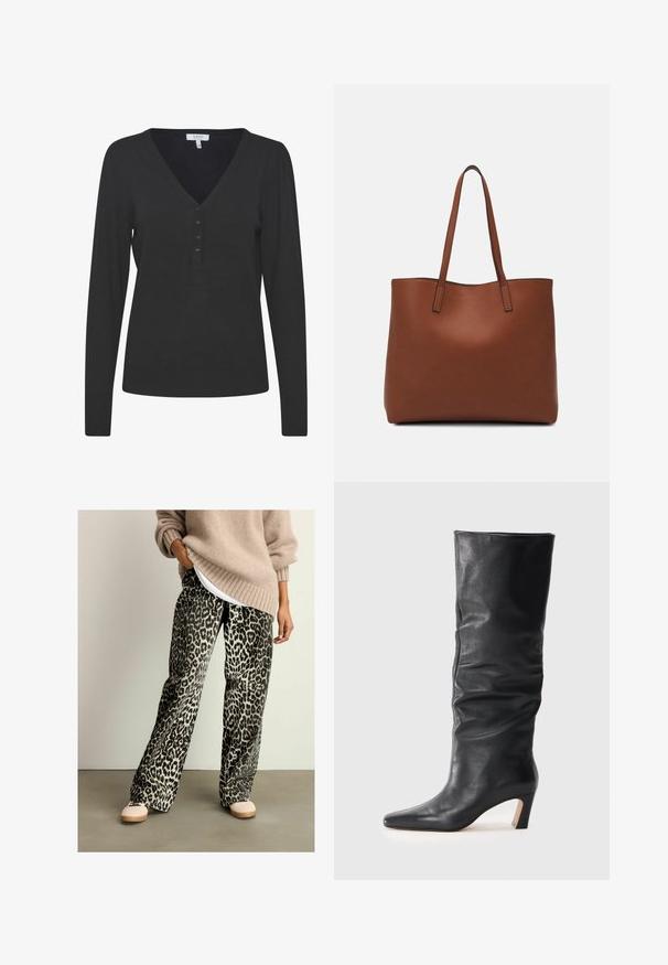 Melnā garā piedurkņu V-veida kakla džemperis, izgatavots no smalkas adīšanas materiāla. Tam ir piecu pogu plāksne un ribota piedurkņu un apakšmalas apdare.; Leoparda raksta plati svārki, izgatavoti no mīksta auduma, ar melnbaltu rakstu, apvienoti ar brīvu bēšu džemperi un gaišām kurpēm.; Melnas ādas vidukļa augstuma zābaki ar nelielu krāpšanu un norakstu purngalu uz gaiša fona.; Brūna ādas iepirkumu soma ar gludu tekstūru, atvērta augšdaļa un divas plecu siksnas. Izceļas ar minimālām šuvēm un redzamu aparatūru nav.