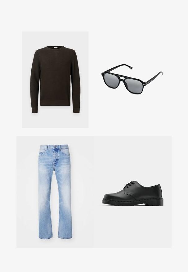 Dunkelbrauner Strickpullover mit strukturiertem Muster, rundem Ausschnitt und gerippten Bündchen. Hat eine lässige Passform und keine sichtbaren Verzierungen.; Hellblaue Denim-Jeans mit geradem Bein, im klassischen Fünf-Taschen-Design und einem dezenten Ausbleichmuster.; Schwarze Leder-Oxford-Schuhe mit Schnürdesign, runder Zehenform, flacher Gummisohle und subtilen Nähten entlang des oberen Teils.; Schwarze Sonnenbrille mit rechteckigen Rahmen, grauen getönten Gläsern und einer Aussparung im Nasensteg. Schlanker, glänzender Kunststoff, mit schmalen Bügeln.