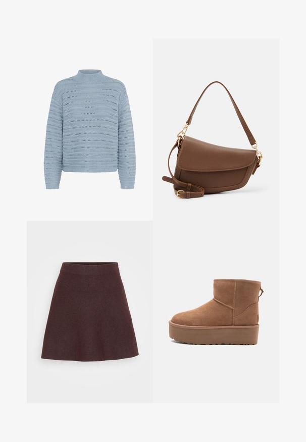 Kaffe Vesta - windward blue; Bordo pletena suknja s lepršavim dizajnom, širokim pojasom i glatkom teksturom, koja ima jednobojnu površinu bez uzoraka ili akcenta.; Svijetlosmeđi antilop čizmice do članka s platformom, okruglim vrhom i ukrasnim šavovima; ima petnu traku za lakše obuvanje.; Smeđa kožna torba za rame s teksturiranim završetkom, zakrivljenim oblikom, zlatnim hardverom, podesivim remenom i zatvaranjem na preklop.
