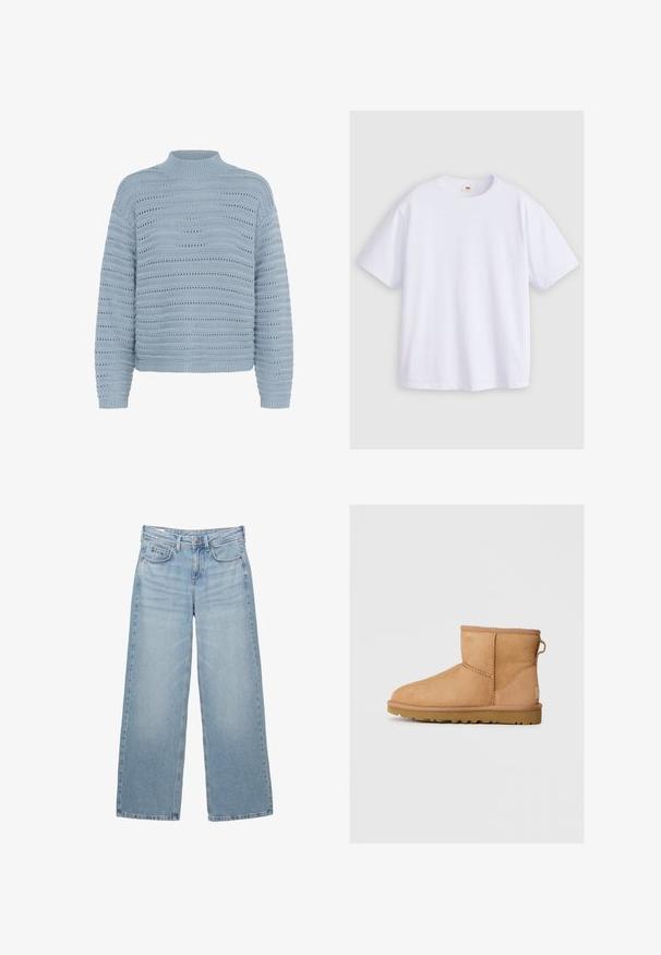 Kaffe Trui - windward blue; Witte katoenen t-shirt met korte mouwen, een ronde hals en een relaxte pasvorm. Het materiaal lijkt glad te zijn zonder zichtbare patronen of grafische afbeeldingen.; Lichtblauwe denim wijde broek met een hoge taille, vijf zakken en subtiele vervaging, met een metalen knoop en riemlussen.; Tan suède enkellaars met ronde neus, gestikte details, trekhaak aan de achterkant en een gestructureerde rubberen zool. Ontworpen voor comfort en warmte.