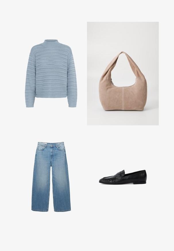 Kaffe Vesta - windward blue; Svijetloplave široke traperice izrađene od denima, s klasičnim dizajnom pet džepova i zatvaranjem na gumb. Ispucala textura cijelim površinom.; Crne kožne mokasine s okruglim vrhom, s prošivenim detaljima na prednjoj strani i ravnim potplatom. Minimalistički dizajn s suptilnim logotipom.; Torba tipa hobo napravljena od mekog, zamjenskog materijala u svijetloj bež boji. Ima zaobljen oblik, široku naramenicu i zatvaranje na zip.