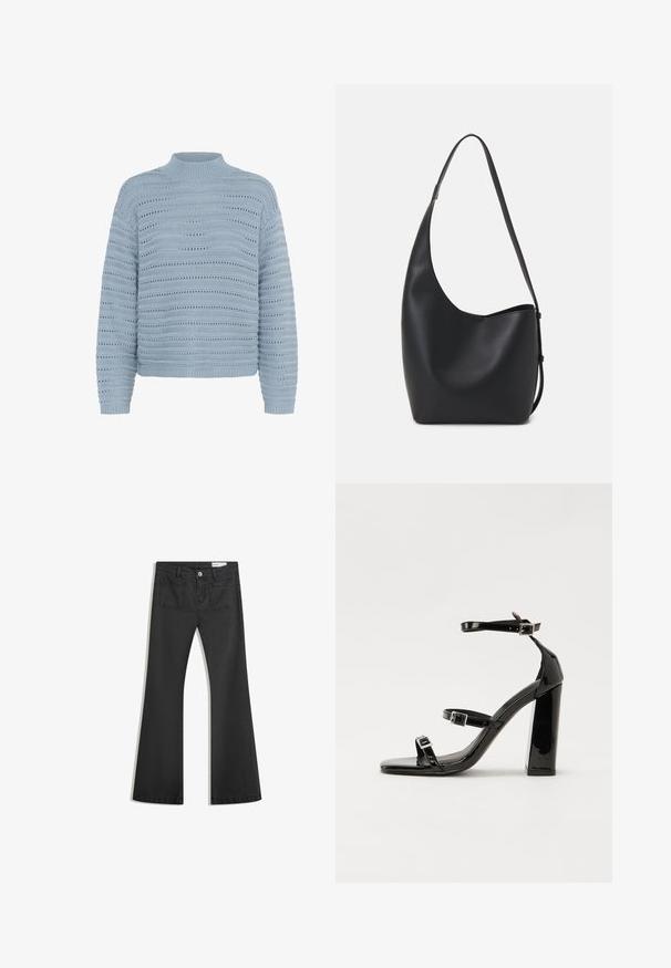 Kaffe Jumper - windward blue; Black flared jeans made of denim with a smooth texture, featuring two back pockets and a button closure at the waist.; Black patent heeled sandals with a square toe, ankle straps, and silver buckles. Features a chunky block heel for stability.; Black leather hobo bag with a smooth texture, curved shape, and single adjustable strap; features a wide opening at the top.