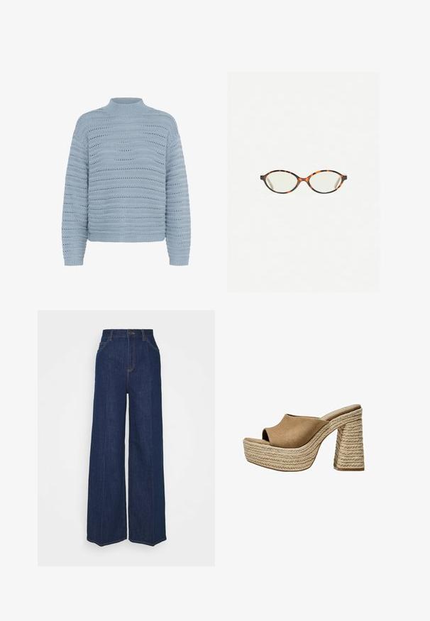 Kaffe Pulover - windward blue; Blugi din denim întunecat, cu talie înaltă și picioare largi, cu buzunare laterale și pe spate, închidere cu buton și detalii vizibile de cusătură.; Mule-uri din suede maro cu talpă platformă și vârf deschis, având un toc chunky din jută împletită și un design superior neted, rotund.; Ochelari cu ramă din tartan, cu lentile ovale și un finisaj elegant, neted. Prezintă margini subțiri cu o curbură subtilă la tâmple. Lentile clare.