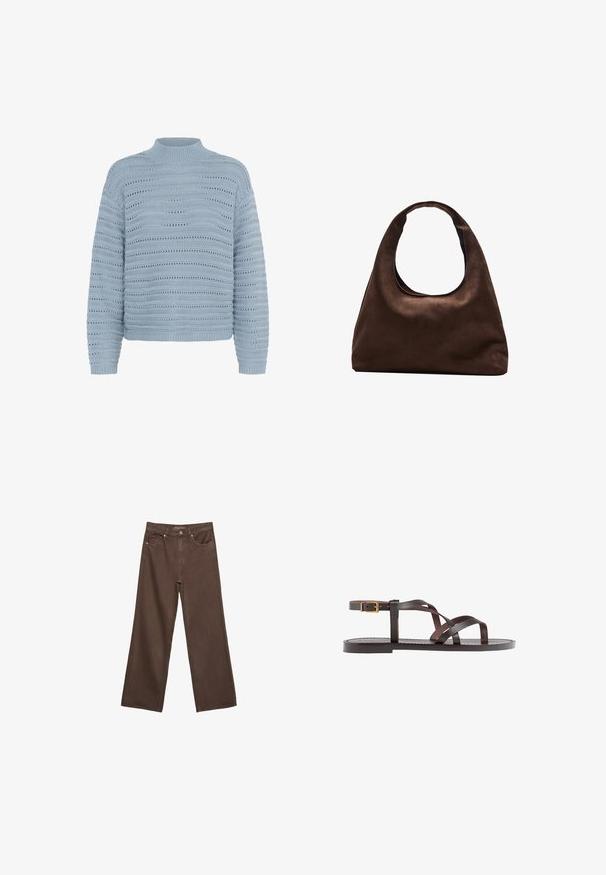 Kaffe Stickad tröja - windward blue; Breda bruna jeans i denim med hög midja, framfickor och klassisk knäppning. Slät textur med subtil sömnad.; Bruna lädersandaler med korsade remmar, spänne runt vristen och en platt sula med minimala sömnadsdetaljer.; Mjuk brun hobo-väskastil med ett brett axelband och en rundad öppning upptill, visad på en vit bakgrund.