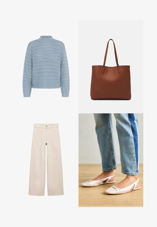 Kaffe Neule - windward blue; Beige leveleet jeansit, joissa on korkea vyötärö, napitus, etutaskut ja risat helmat. Valmistettu denim-kankaasta.; Vaaleanpunaiset slingback-ballerinat, joissa on terävä kärki, valmistettu sileästä nahkamaisesta materiaalista. Sivujen leikkuuyksityiskohdat ja tasapohja.; Ruskea nahkainen olkalaukku, jossa on sileä pinta, avoin yläosa ja kaksi olkahihnaa. Omaavat vain minimaalisen ompelun eikä näkyvää metalliosaa.