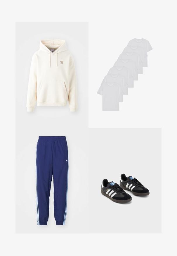 Krem hoodie od mekog materijala, sa prednjim kengur džepom, podesivom kapuljačom na vezanje i malim smešnim Adidas logotipom na grudima.; Bijele pamučne majice, kratki rukavi, dizajn s okruglim izrezom, jednostavne teksture, složene u red, s suptilnim brendiranjem na izrezu.; Tamnoplave sportske hlače s elastičnom strukom, bočnim džepovima i svijetloplavim prugama duž bočnih strana; izrađene od lagane tkanine.; Crne tenisice s gornjim dijelom od antilopa i sintetičkog materijala, s tri bijele pruge, teksturiranom gumenom potplatom i plavom oznakom na jeziku.