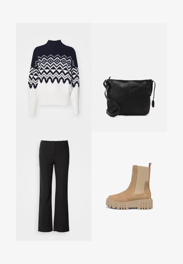 Barbour GWYN biały; Czarne spodnie z bawełny z prostymi nogawkami, z zapięciem na guzik z przodu i dwoma bocznymi kieszeniami. Gładka faktura, brak widocznych wzorów.; Suedowe botki za kostkę w kolorze tan z beżowymi elastycznymi panelami bocznymi i grubą, żłobioną podeszwą. Posiadają pętelkę z tyłu i tłoczone logo.; Czarna skórzana torba na ramię o płaskim kształcie, z złotymi akcentami i regulowanym paskiem. Gładka tekstura z minimalnymi detalami przeszycia.