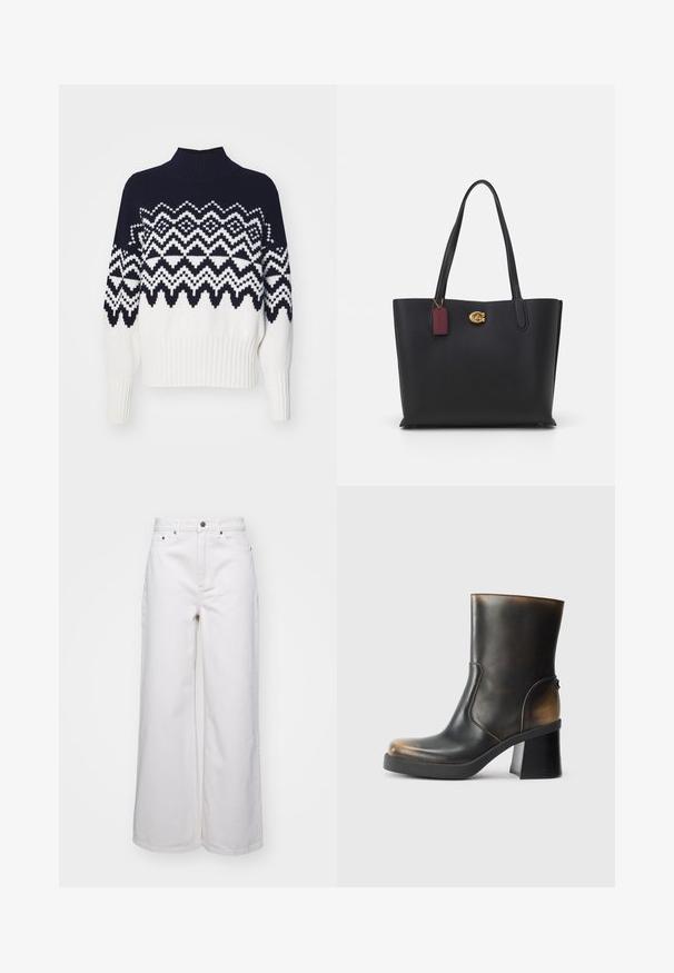 Barbour GWYN JUMPER - Jumper - cloud; Wide-leg white jeans made from sturdy denim, featuring a high waist, five-pocket design, and metal button closure. Smooth texture.; Black leather ankle boot with a glossy finish, rounded toe, contrasting tan accents, a block heel, and a side zipper detail.; Black leather tote bag with two long handles, textured finish, gold hardware, and a burgundy tag. Spacious design with an open top.