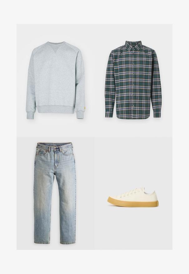 Šedá mikina s výstrihom do V, so ribovanými manžetami a lemom. Obsahuje malé žlté logo na ľavom rukáve. Jemná zmes bavlny.; Zelená flanelová košeľa s károvaným vzorom, ktorá obsahuje modré, biele a horčicovo žlté pruhy. Zapínanie na gombíky vpredu a špičatý golier. Dlhé rukávy.; Svetlomodré džínsy s vysokým pásom, predným gombíkom, zipsom a dizajnom s piatimi vreckami, rozložené na neutrálnom pozadí.; Plátne tenisky v off-white farbe s okrúhlym špičkou, s béžovými gumovými podrážkami a piatimi dierkami na šnúrky, textúrovaný povrch na hornej časti.