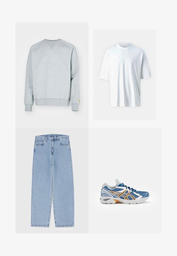 Szürke pulóver V-nyakkivágással, bordás karkötőkkel és aljjal. A bal kézelőn egy kis sárga logó található. Puha pamut keverék textúra.; Fehér, rövid ujjú póló, puha pamutból készült. Kerek nyakú, laza szabású, sima textúrájú. Nincsenek látható minták vagy díszítések.; Világoskék farmernadrág egyenes szárú kivitelben, közepes derékkal, öt zsebbel, gombos és cipzáros záródással.; Kék sportcipő hálós felsőrésszel, fehér és narancssárga díszítéssel, párnázott középtalppal és texturált gumitalppal. Fűzős kialakítás jellemzi.