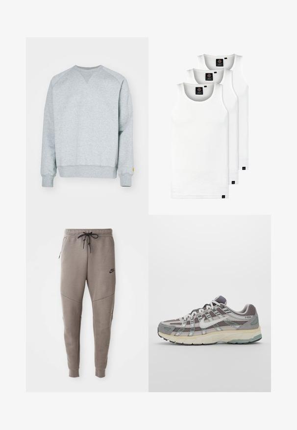 Harmaa huppari V-aukoisella muotoilulla, ribbaatuilla hihoilla ja helmalla. Vasemmassa hihassa pieni keltainen logo. Pehmeä puuvillasekoite.; Kolme valkoista ribbitekstiilistä toppia, jotka on valmistettu puuvillasta. Ominaisuuksiin kuuluu pyöreä pääntie ja pieni musta etiketti helman lähellä. Saatavilla useissa kooissa.; Harmaat Nike-juoksuhousut, joissa on kiristysnyöri vyötäröllä, kapeat lahkeet, sivutaskut ja erottuva sauman yksityiskohtaisuus. Pehmeä, tekstuuri kangas.; Harmaa urheilukenkä, jossa on verkko- ja mokkanahkainen yläosa, valkoiset yksityiskohdat, pehmustettu pohja ja erottuva muotoilu heijastavilla elementeillä.