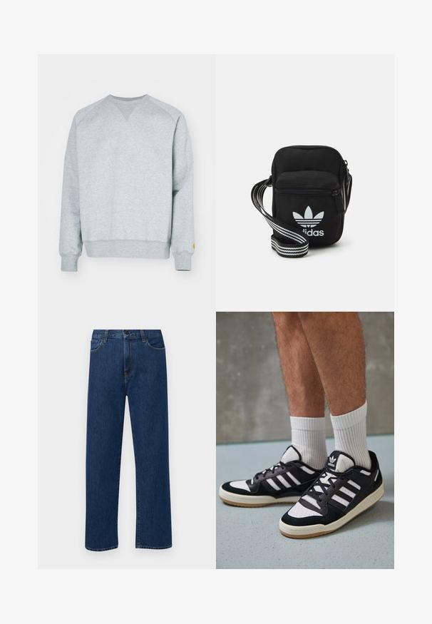 Grå genser med V-halsdesign, ribbede mansjetter og kant. Har en liten gul logo på venstre erm. Myk bomullsblanding.; Mørkeblå rette jeans i denim med frontlommer og knappelukking, vist på en enkel hvit bakgrunn.; Sorte og hvite sneakers med overdel i semsket skinn og lær, med tre hvite striper, perforert tå og en såle av gummi.; Svart stoff crossbody veske med glidelås, med en hvit Adidas-logo og enstripet justerbar stropp for enkel bæring.