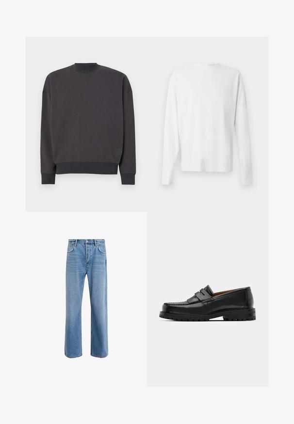 Felpa grigio scuro con colletto alto, spalle scese e polsini a coste. Presenta un piccolo design ricamato sul lato sinistro inferiore.; Camicia bianca in cotone a maniche lunghe con scollatura rotonda, spacchi laterali in fondo e una texture liscia, mostrata da dietro.; Jeans in denim blu chiaro con design a gamba dritta, cinque tasche, chiusura con bottone, leggero sbiadimento e dettagli di cucitura a contrasto.; I mocassini in pelle nera presentano una cucitura sollevata, due fasce decorative sulla parte superiore e una suola spessa e texture per una maggiore aderenza.
