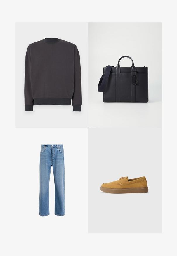 Dark gray sweatshirt with a high collar, drop shoulders, and ribbed cuffs. Features a small embroidered design on the lower left side.; Light blue denim jeans with a straight-leg design, five pockets, button closure, minimal fading, and contrasting stitching details.; Brown suede slip-on shoes with a textured finish, round toe, and contrasting rubber sole. Features subtle branding near the heel.; Dark navy leather briefcase with dual top handles and a detachable strap. Features textured finish, vertical stitching, and logo detail.