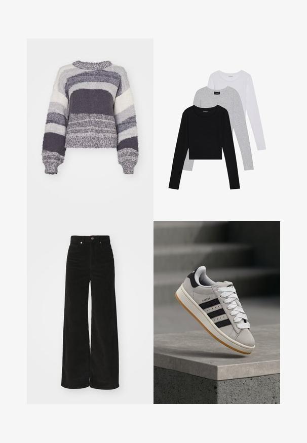 Pletena pulover sa horizontalnim prugama u nijansama sive, bijele i tamnosive; kroj koji seže do struka s okruglim izrezom i rebrastim manžetama.; Tri dugih rukava posložena: crna, siva i bijela. Svaka ima okrugli izrez i skrateni kroj s glatkom, laganom tkaninom.; Crne kadurice široke nogavice s visokim strukom, sadrži dva prednja džepa i metalno dugme za zatvaranje. Teksturalna tkanina s vertikalnim ridovima.; Siva Adidas Campus tenisica s crnim prugama i bijelim vezicama lebdi iznad betonskog ruba s ljestvama u pozadini.