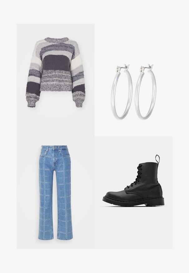 Adīts džemperis ar horizontālām svītrām pelēkās, baltās un tumši pelēkās krāsās; īslaicīgs dizains ar apaļu kaklu un ribotām aprocēm.; Gai zilo denimu bikses ar taisnu kāju griezumu, ar sudraba kniedēm izveidotu režģa rakstu un klasisku piecu kabatu dizainu.; Melnas ādas kaujas zābaki ar apaļu purngalu, auklām priekšā un cilpu potītes daļā. Iespējojums ir biezs gumijas zolei, kas nodrošina izturību.; Sudraba riņķveida auss gredzeni ar gludu, pulētu apdari. Apaļa forma un drošs klikšķa augšējais slēgums. Viegls dizains, kas piemērots ikdienas valkāšanai.