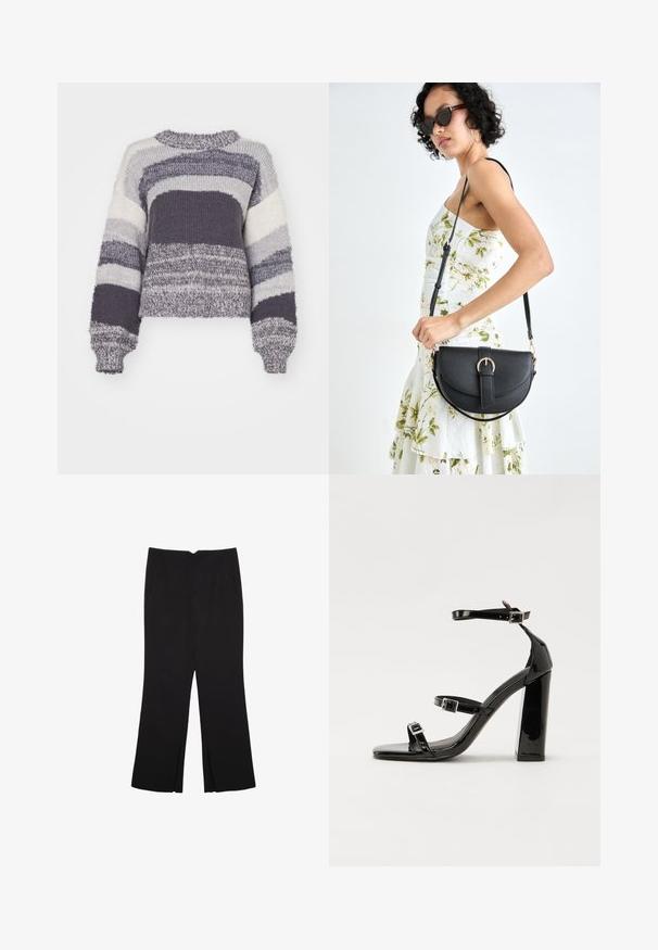 Pletena pulover sa horizontalnim prugama u nijansama sive, bijele i tamnosive; kroj koji seže do struka s okruglim izrezom i rebrastim manžetama.; Crne hlače ravnog kroja, s prednjim džepovima i bočnim prorezima na rubu. Izrađene od mekog i glatkog materijala. Pogodne za razne prigode.; Crne lakirane sandale na visoku petu s dva remena s kopčama, kvadratnim vrhom i masivnom blok petom, s glatkom, sjajnom teksturom.; Crna kožna torba s lukovitim oblikom, odvojivim remenom i zlatnim detaljima. Torba ima preklop s kopčom.