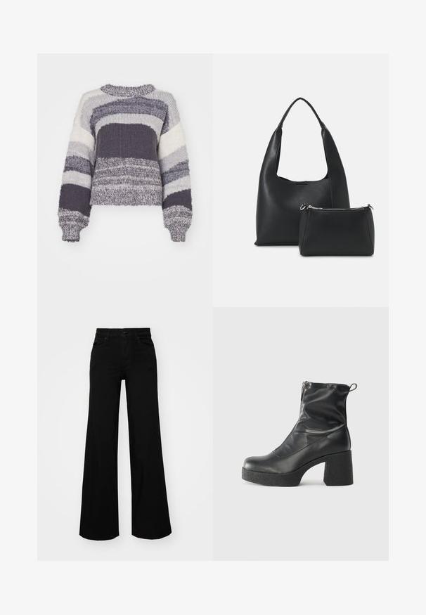 Kötött pulóver vízszintes csíkokkal szürke, fehér és sötétszürke árnyalatokban; rövidített fazon, kerek nyakkivágással és bordás mandzsettákkal.; Fekete, bő szárú farmernadrág, amelynek állítható derékrésze van, övhurkokkal és elülső zsebekkel. Simaság jellemzi, klasszikus dizájnnal.; Fekete bokacsizmák sima bőrből, oldalsó cipzárral, vastag, texturált sarkú és lekerekített orrú dizájnnal.; Even&Odd Kézitáska - black
