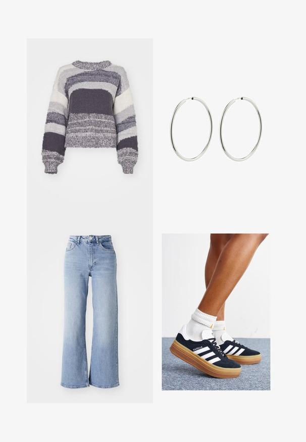 Maglione lavorato a maglia con strisce orizzontali nelle tonalità di grigio, bianco e grigio scuro; design corto con scollatura rotonda e polsini a coste.; Jeans azzurri chiari a vita alta e gamba larga, con tasche anteriori e posteriori, chiusura con bottone e leggera scoloritura sulle cosce e sui orli.; Sneakers in pelle scamosciata nera con strisce e dettagli bianchi, punta arrotondata, suola in gomma color gomme, abbinate a calzini bianchi a coste alla caviglia.; Orecchini a cerchio in argento con una finitura liscia e lucida. Forma circolare, larghezza costante, progettati per un facile fissaggio. Semplici ed eleganti.